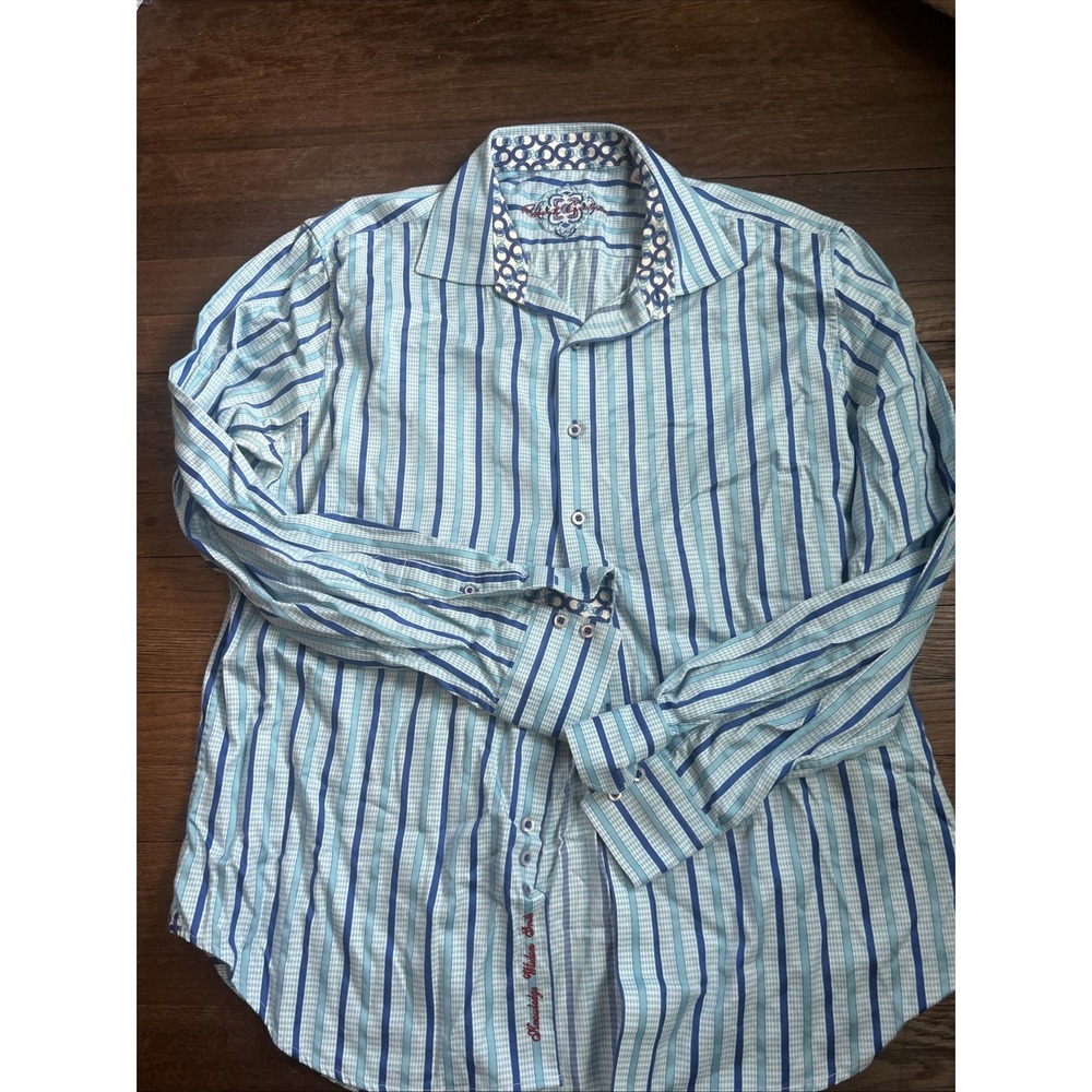 Robert Graham Mens Button Down Shirt White Blue Plaid W/Flip Up Cuff Design